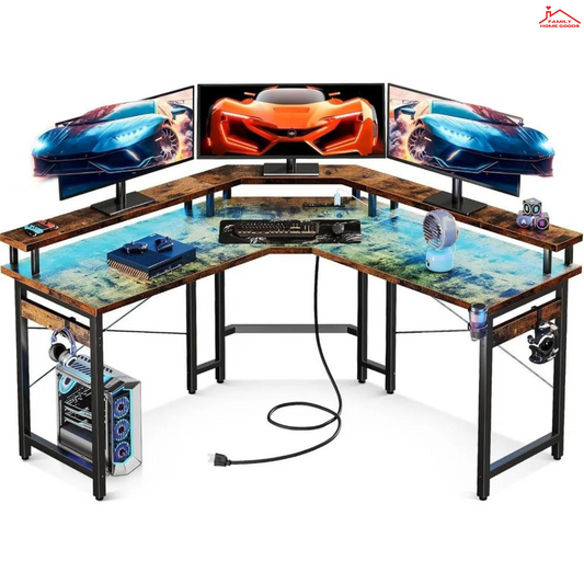 L Shaped Computer & Gaming Desk with LED Lights Double Layer w/ Power Outlets