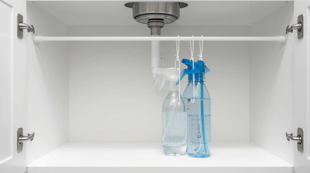 DIY dollar store bathroom organization - tension rod hack for spray bottles
