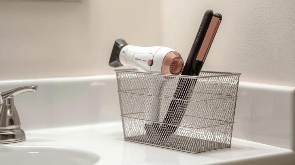 DIY dollar store bathroom organization - office file holder for hair tools