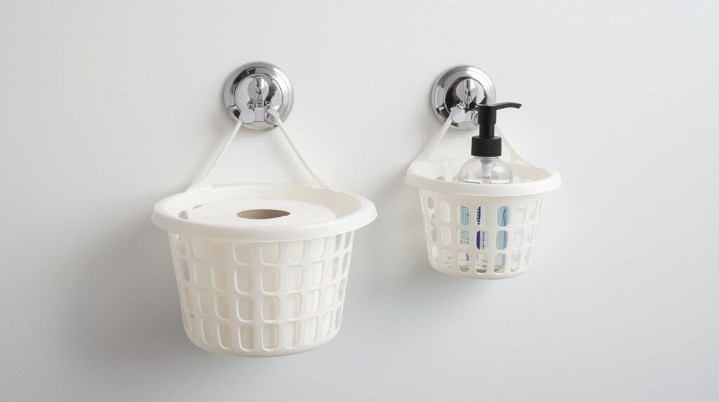 DIY dollar store bathroom organization - plastic wall baskets for toilet paper