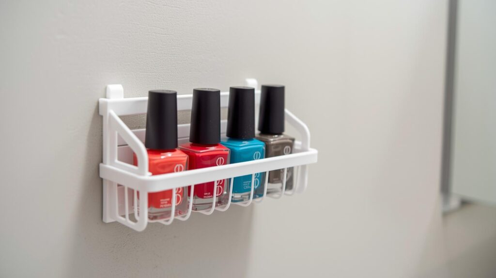 DIY dollar store bathroom organization - plastic spice rack for nail polish