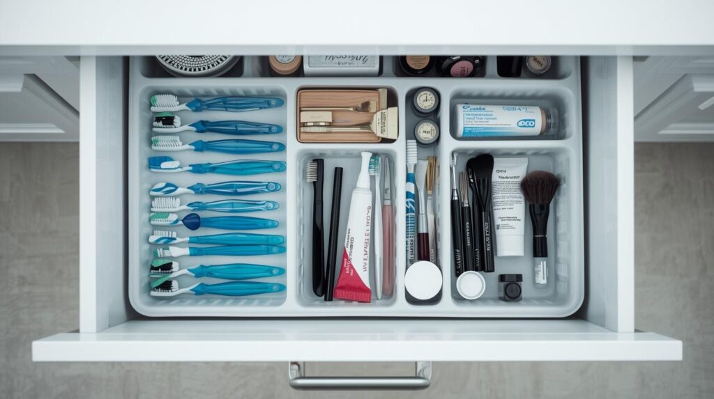 DIY dollar store bathroom organization - cheap cutlery tray in makeup drawer