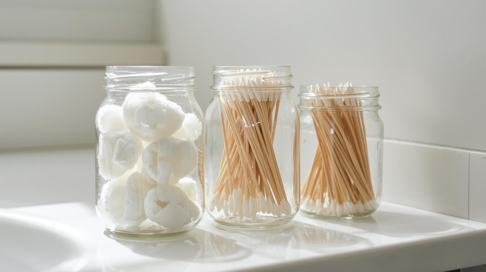 DIY dollar store bathroom organization - simple glass jars for cotton balls